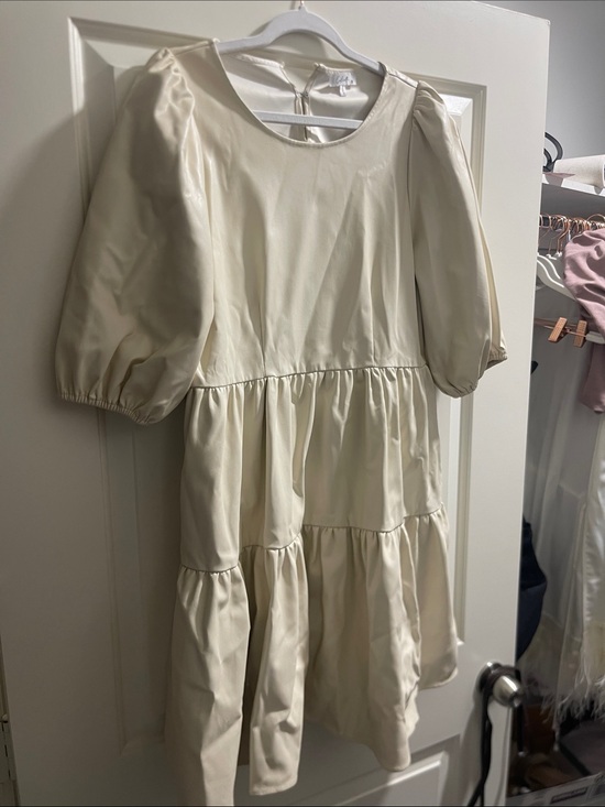 Calista Dresses & Skirts - Leather Puff-Sleeve Tiered Casual Dress in Cream